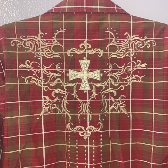 Lamasini Western Red Plaid snap Sequined Cross Embroidered Button Down Shirt - Picture 7 of 9